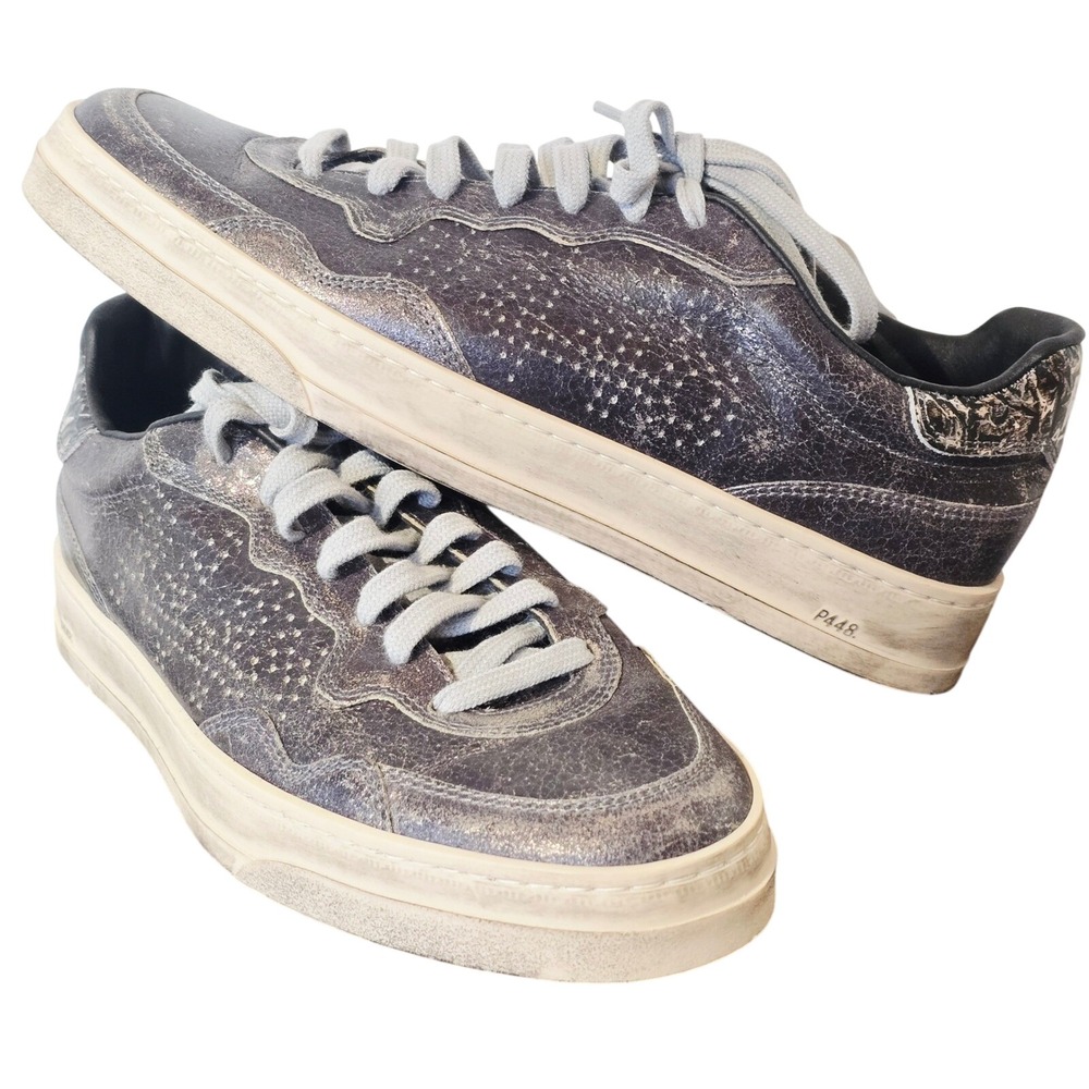 NEW P448 John Glam Gray Metallic Distressed Leather Sneakers Womens 39 Low‎ Top